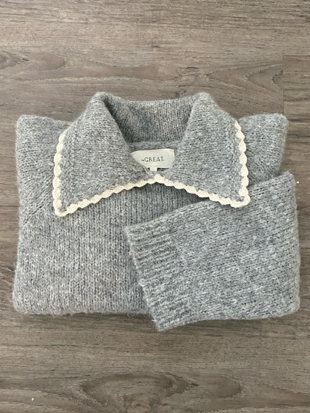 THE GREAT. Heather Grey Crochet Collar Pullover Sweater size 1, superfine Alpaca - Picture 10 of 10